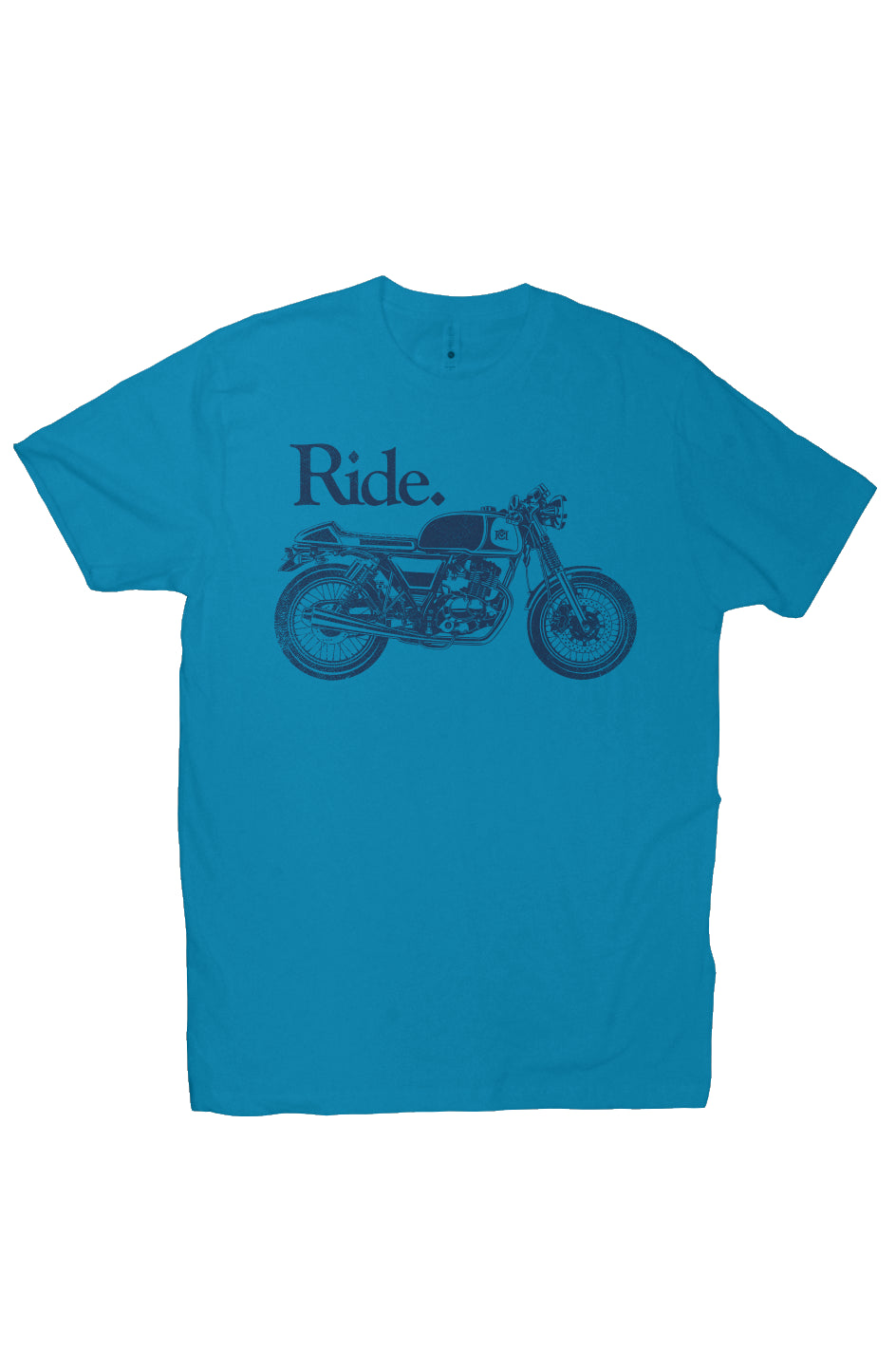 "Ride" cafe racer design on chest of short sleeve t-shirt