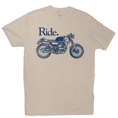 "Ride" cafe racer design on chest of short sleeve t-shirt