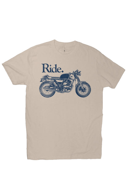 "Ride" cafe racer design on chest of short sleeve t-shirt