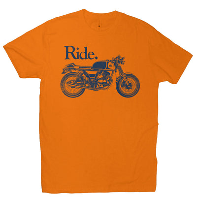 "Ride" cafe racer design on chest of short sleeve t-shirt
