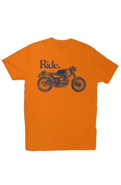 "Ride" cafe racer design on chest of short sleeve t-shirt