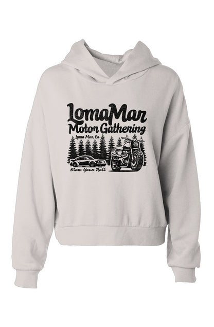 Women's Hooded Hip Height Crop Hoodie with "Loma Mar Motor Gathering" design in black