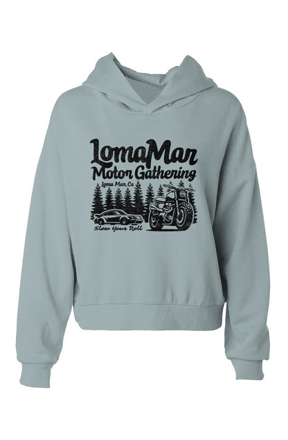 Women's Hooded Hip Height Crop Hoodie with "Loma Mar Motor Gathering" design in black