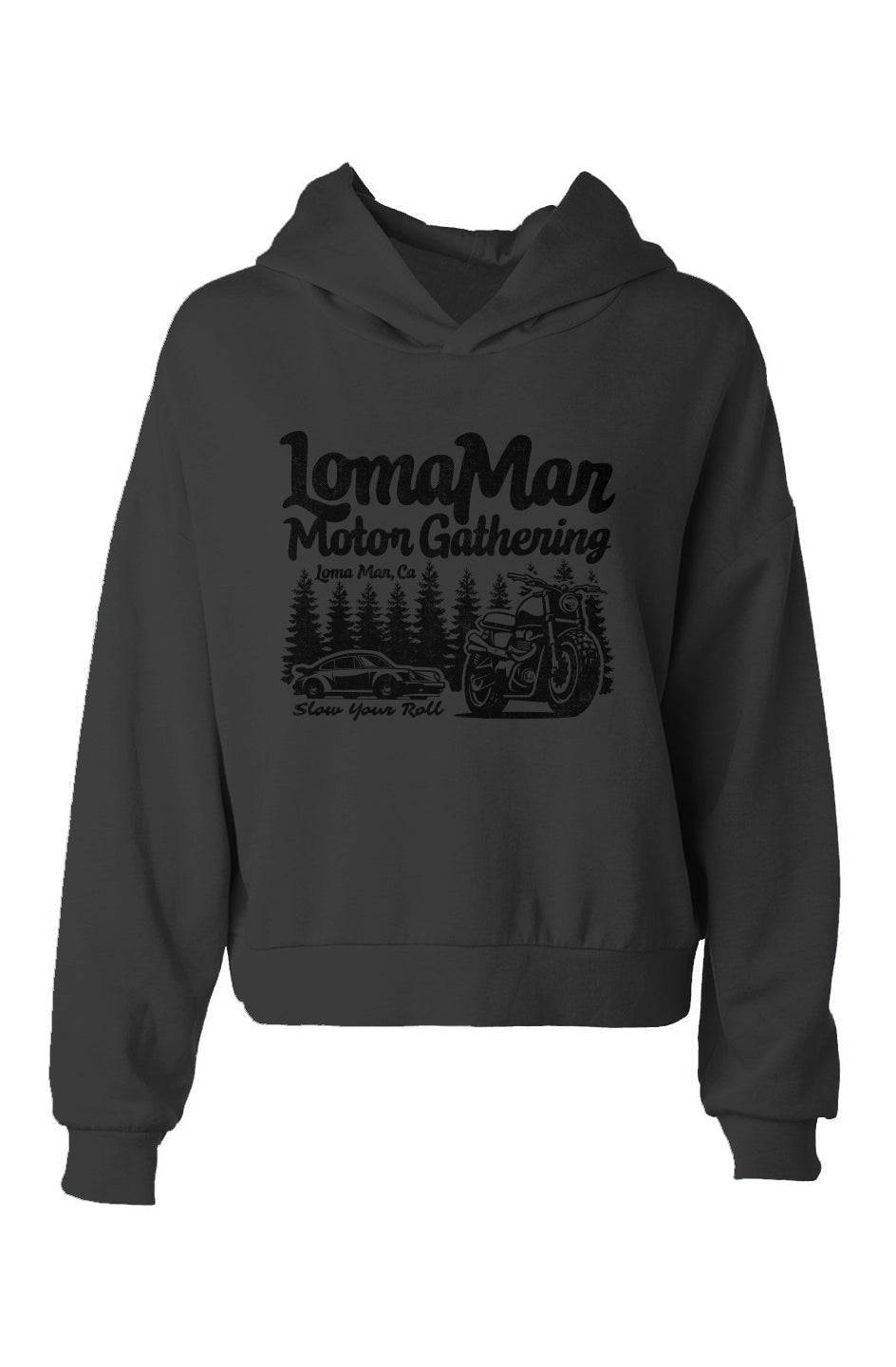 Women's Hooded Hip Height Crop Hoodie with "Loma Mar Motor Gathering" design in black