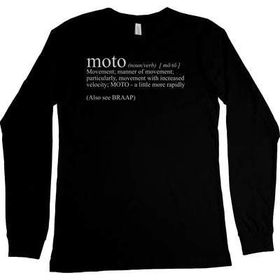 long sleeve t-shirt with "moto definition" from crown moto