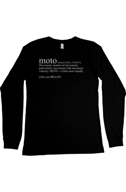 long sleeve t-shirt with "moto definition" from crown moto