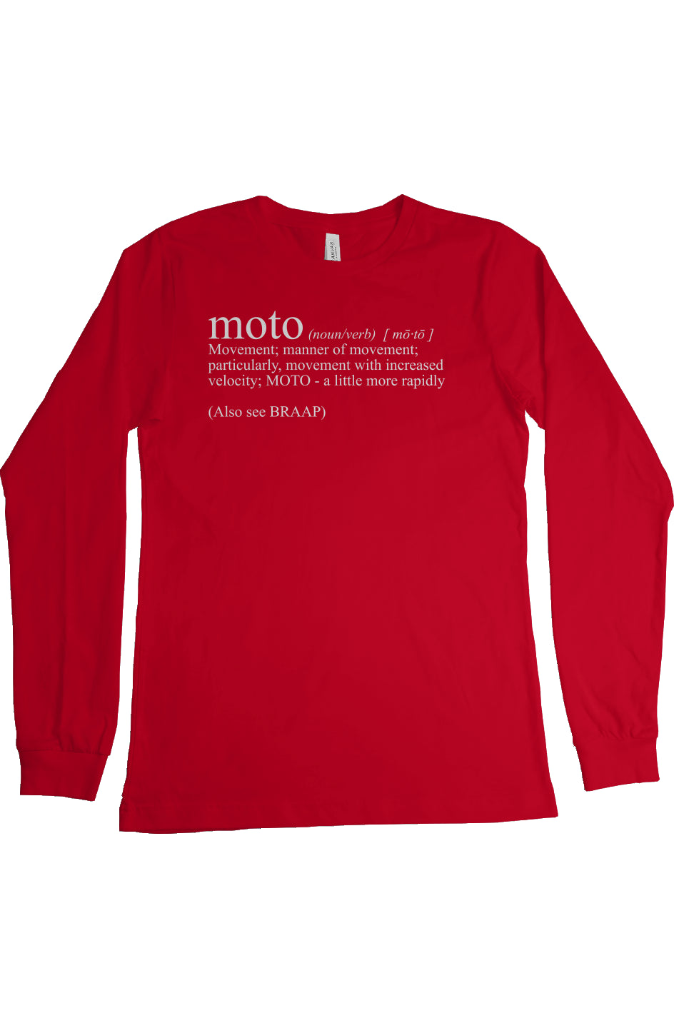 long sleeve t-shirt with "moto definition" from crown moto