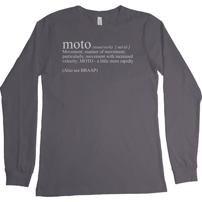 long sleeve t-shirt with "moto definition" from crown moto