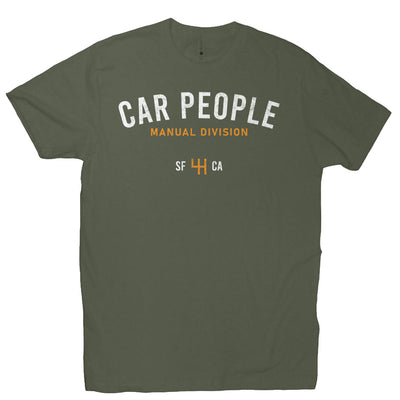 Short sleeve t-shirt with "CAR PEOPLE" manual division SF design on chest 