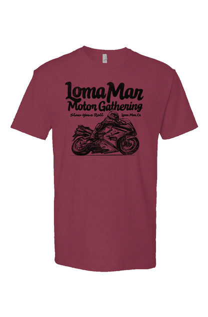 Short sleeve t-shirt  with "Loma Mar Motor Gathering" "slow your roll" moto sketch design on chest in black