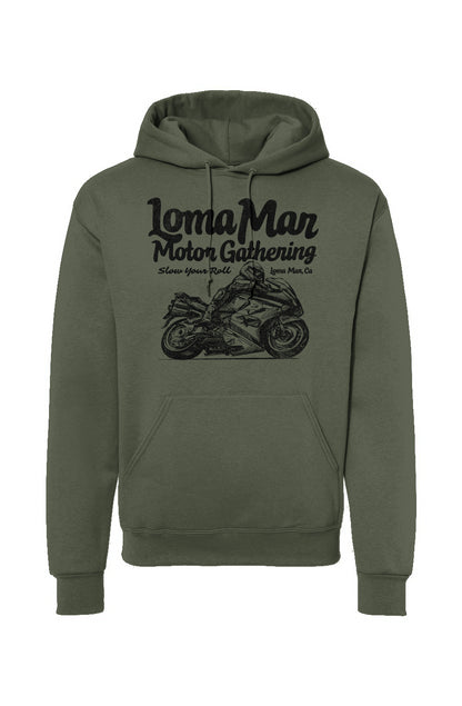 Hooded sweatshirt with "Loma Mar Motor Gathering" "slow your roll" moto sketch design on chest in black