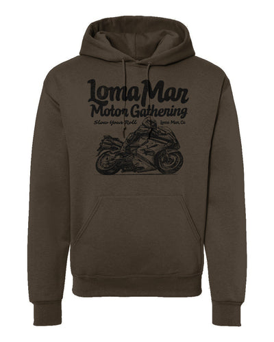 Hooded sweatshirt with "Loma Mar Motor Gathering" "slow your roll" moto sketch design on chest in black