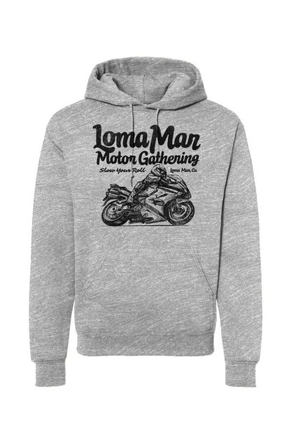 Hooded sweatshirt with "Loma Mar Motor Gathering" "slow your roll" moto sketch design on chest in black