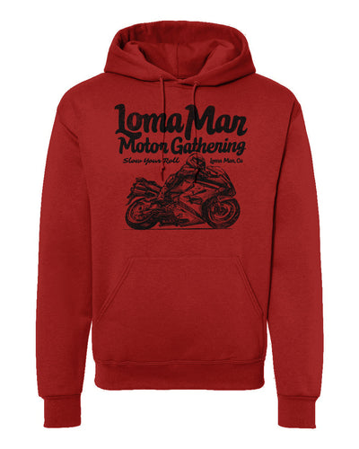 Hooded sweatshirt with "Loma Mar Motor Gathering" moto sketch design on chest in black