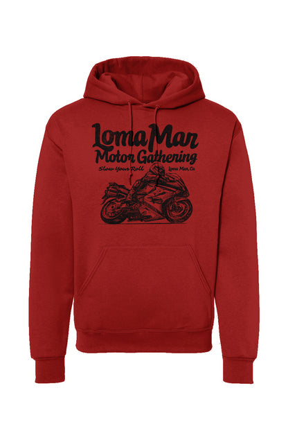 Hooded sweatshirt with "Loma Mar Motor Gathering" moto sketch design on chest in black