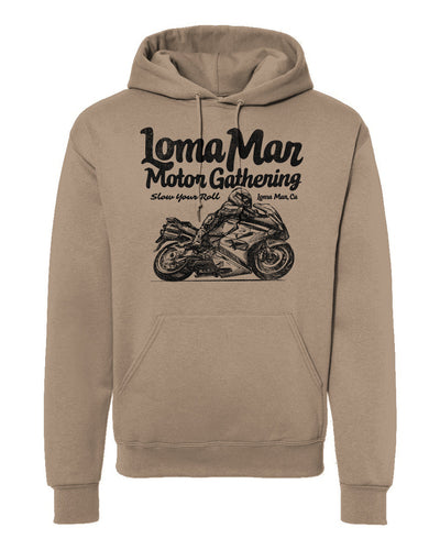 Hooded sweatshirt with "Loma Mar Motor Gathering" moto sketch design on chest in black