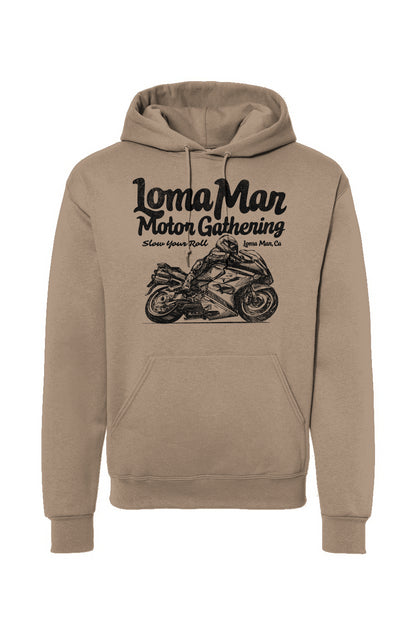 Hooded sweatshirt with "Loma Mar Motor Gathering" moto sketch design on chest in black