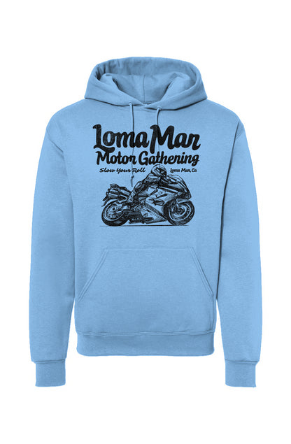 Hooded sweatshirt with "Loma Mar Motor Gathering" moto sketch design on chest in black