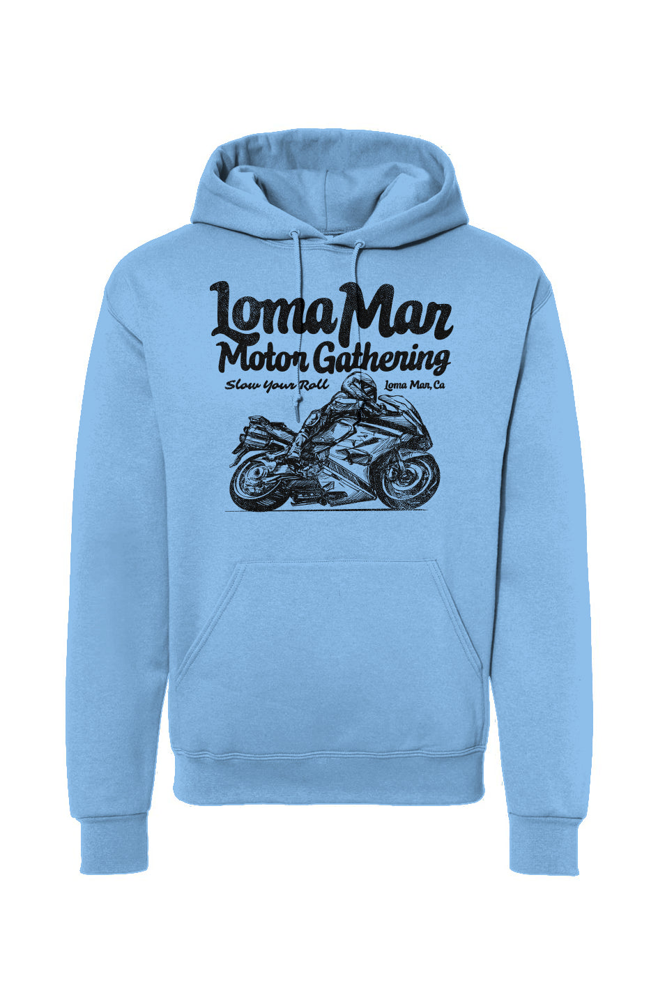 Hooded sweatshirt with "Loma Mar Motor Gathering" moto sketch design on chest in black