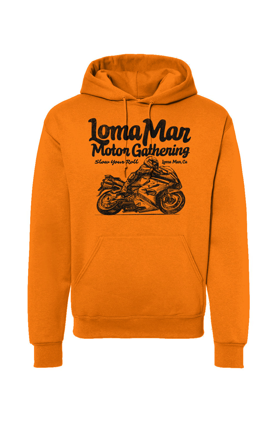 Hooded sweatshirt with "Loma Mar Motor Gathering" moto sketch design on chest in black