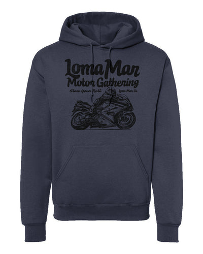 Hooded sweatshirt with "Loma Mar Motor Gathering" moto sketch design on chest in black