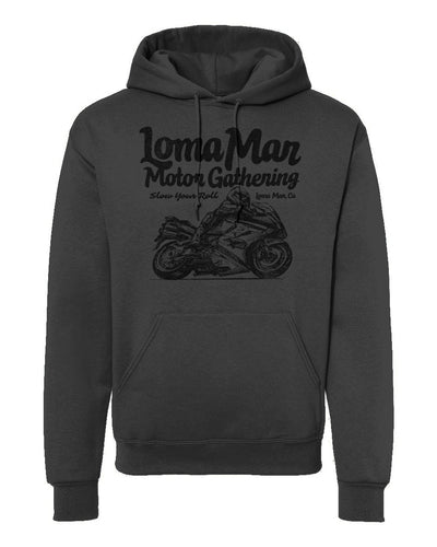 Hooded sweatshirt with "Loma Mar Motor Gathering" moto sketch design on chest in black