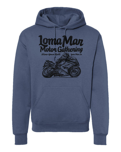 Hooded sweatshirt with "Loma Mar Motor Gathering" moto sketch design on chest in black