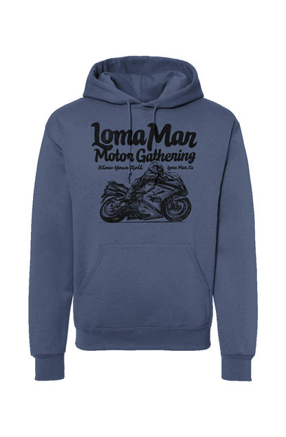 Hooded sweatshirt with "Loma Mar Motor Gathering" moto sketch design on chest in black