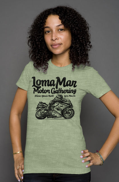 Attractive woman wearing short sleeve t-shirt with "Loma Mar Motor Gathering" moto sketch design on chest