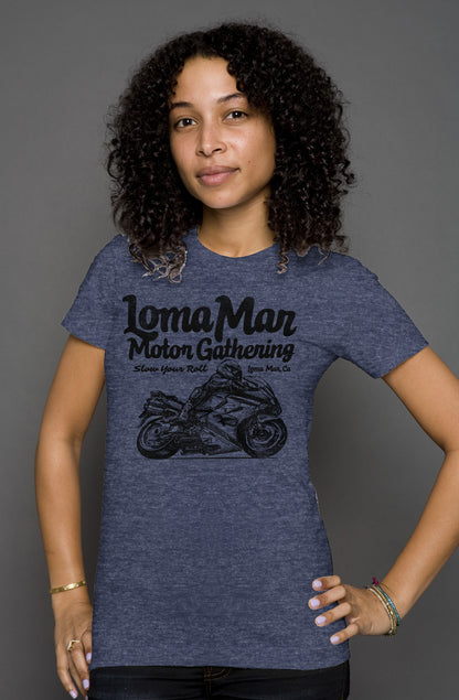 Attractive woman wearing short sleeve t-shirt with "Loma Mar Motor Gathering" moto sketch design on chest