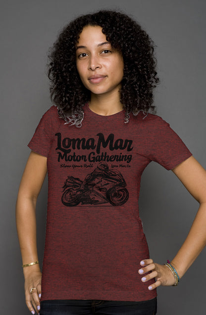 Attractive woman wearing short sleeve t-shirt with "Loma Mar Motor Gathering" moto sketch design on chest