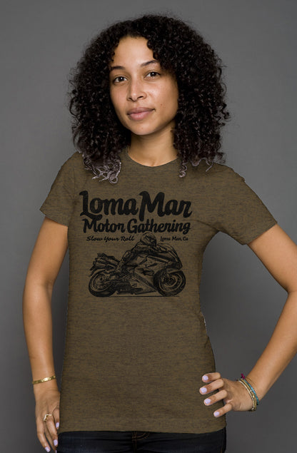 Attractive woman wearing short sleeve t-shirt with "Loma Mar Motor Gathering" moto sketch design on chest