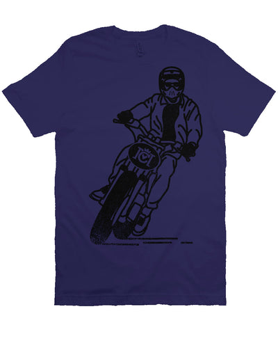 Short sleeve t-shirt with Crown Moto number plate design with man riding motorcycle on full chest in black