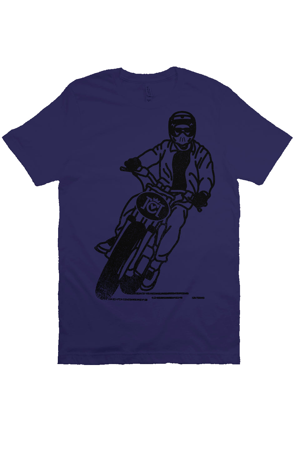 Short sleeve t-shirt with Crown Moto number plate design with man riding motorcycle on full chest in black