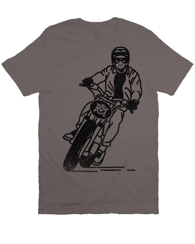 Short sleeve t-shirt with Crown Moto number plate design with man riding motorcycle on full chest in black