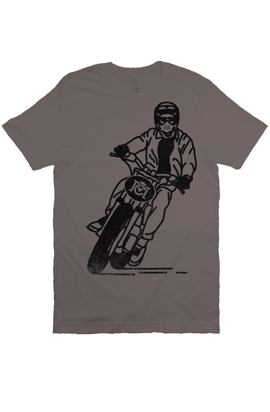 Short sleeve t-shirt with Crown Moto number plate design with man riding motorcycle on full chest in black