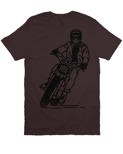 Short sleeve t-shirt with Crown Moto number plate design with man riding motorcycle on full chest in black