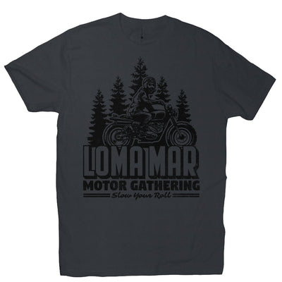 Short sleeve t-shirt with original "Loma Mar Motor Gathering" scrambler motorcycle design on chest in black