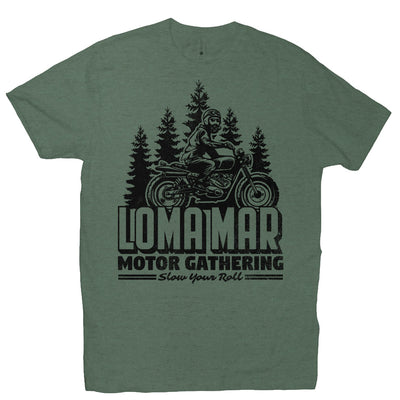 Short sleeve t-shirt with original "Loma Mar Motor Gathering" scrambler motorcycle design on chest in black