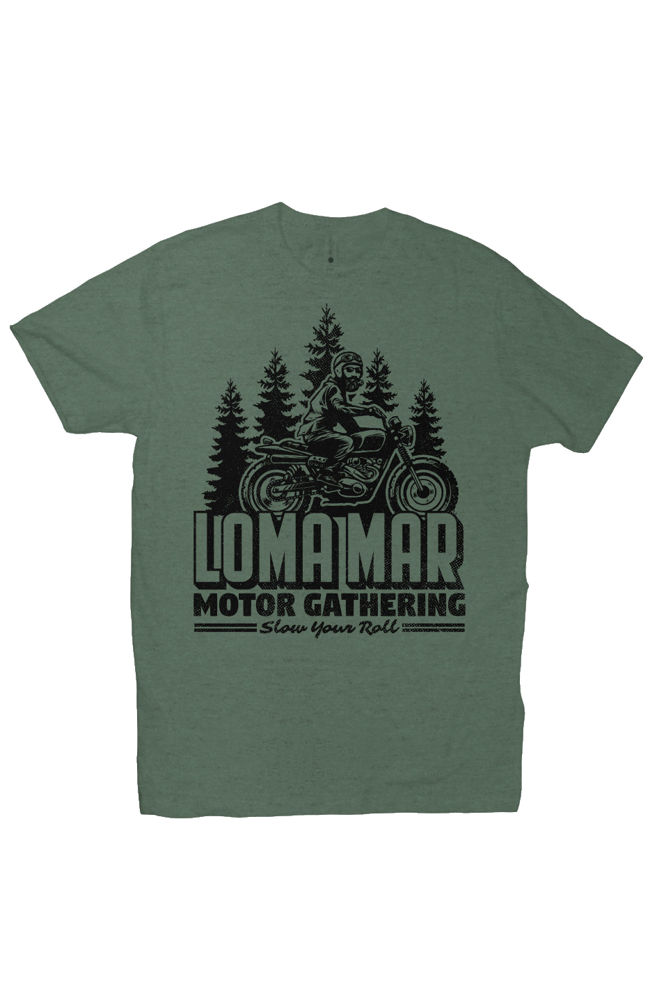 Short sleeve t-shirt with original "Loma Mar Motor Gathering" scrambler motorcycle design on chest in black