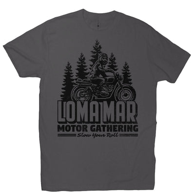 Short sleeve t-shirt with original "Loma Mar Motor Gathering" scrambler motorcycle design on chest in black