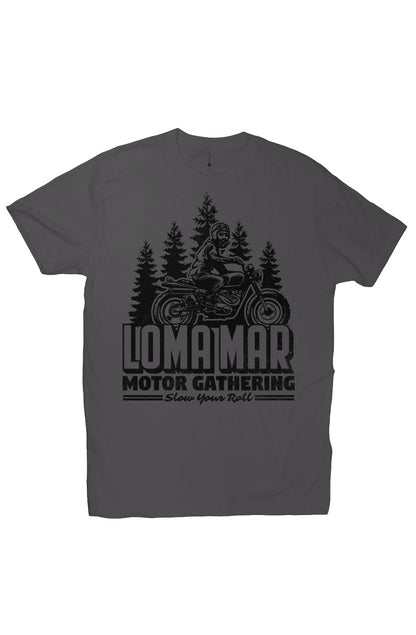 Short sleeve t-shirt with original "Loma Mar Motor Gathering" scrambler motorcycle design on chest in black