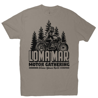 Short sleeve t-shirt with original "Loma Mar Motor Gathering" scrambler motorcycle design on chest in black