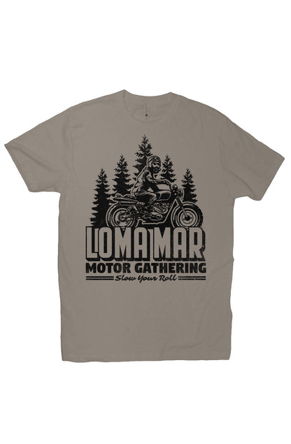 Short sleeve t-shirt with original "Loma Mar Motor Gathering" scrambler motorcycle design on chest in black