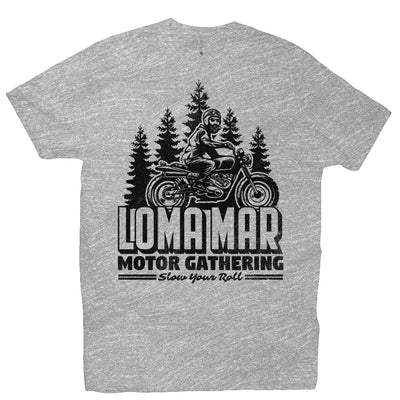 Short sleeve t-shirt with original "Loma Mar Motor Gathering" scrambler motorcycle design on chest in black