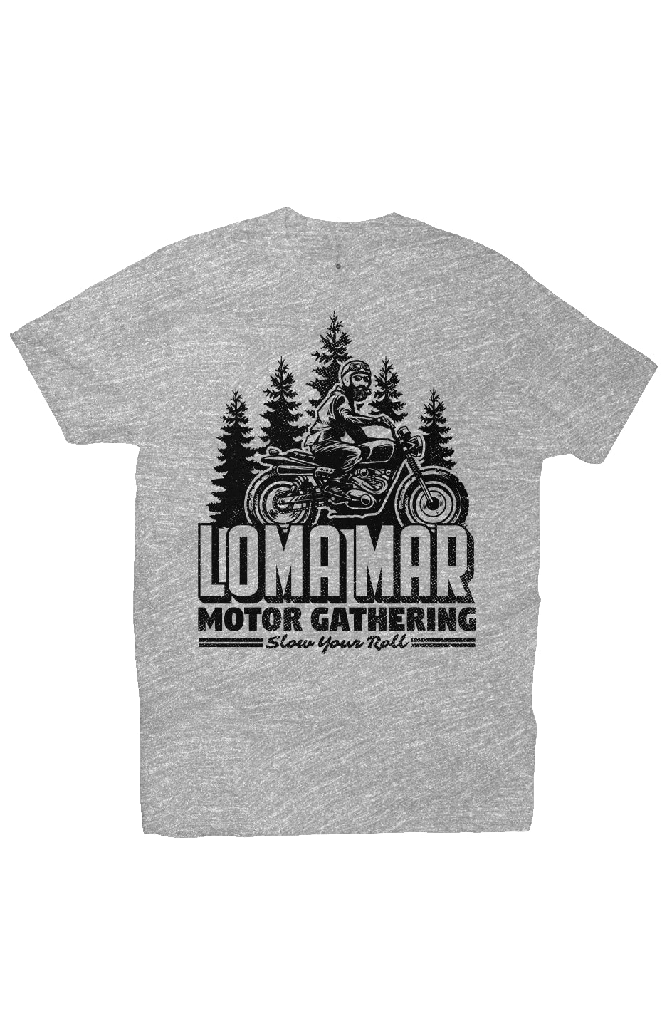 Short sleeve t-shirt with original "Loma Mar Motor Gathering" scrambler motorcycle design on chest in black