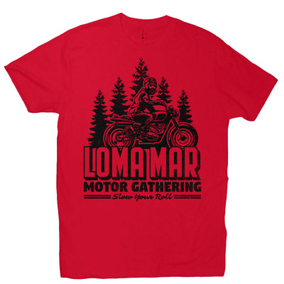 Short sleeve t-shirt with original "Loma Mar Motor Gathering" scrambler motorcycle design on chest in black