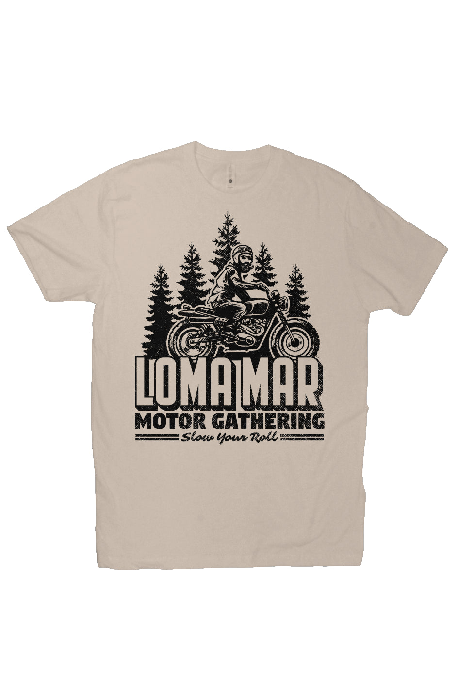 Short sleeve t-shirt with original "Loma Mar Motor Gathering" scrambler motorcycle design on chest in black