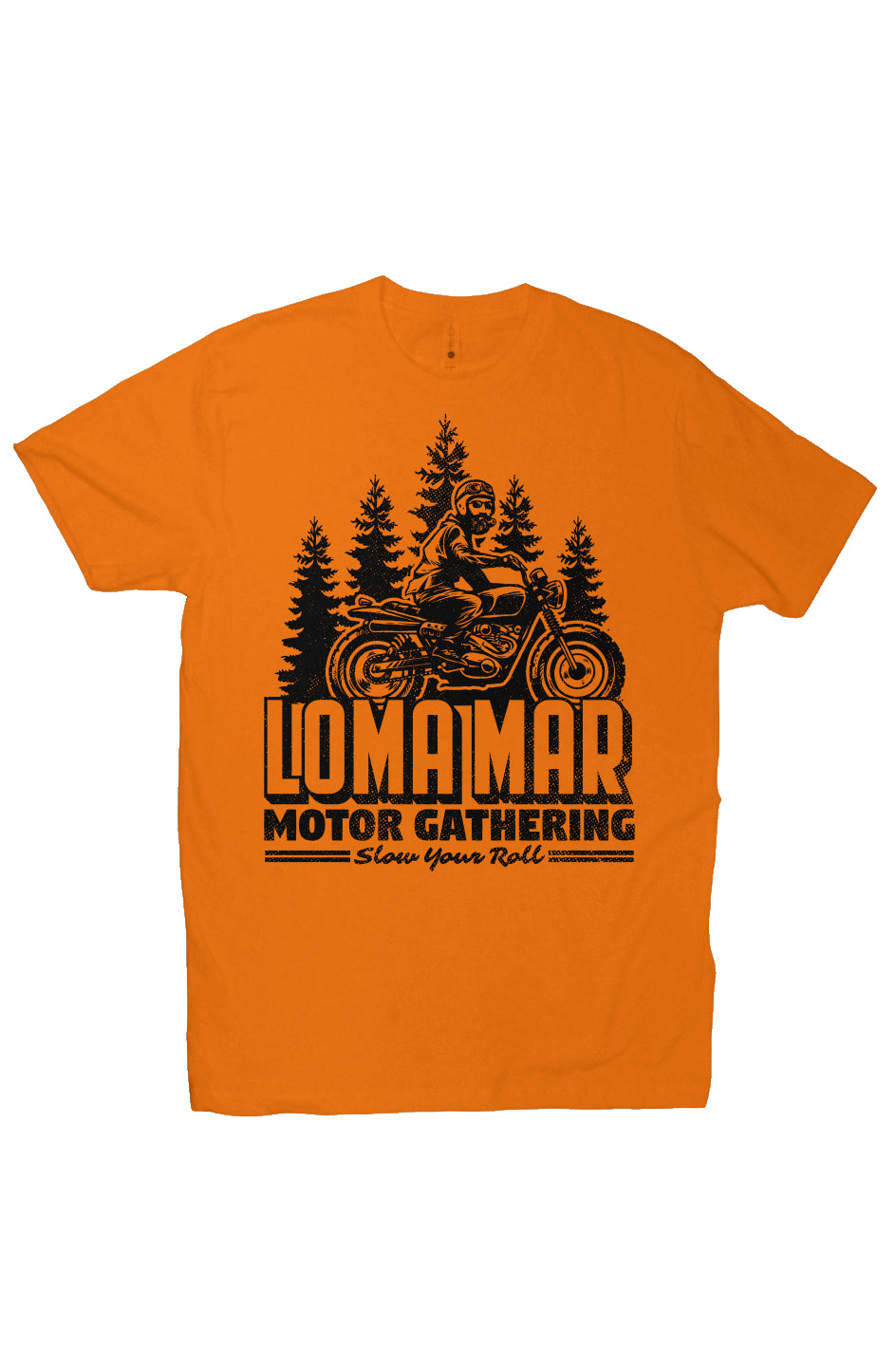 Short sleeve t-shirt with original "Loma Mar Motor Gathering" scrambler motorcycle design on chest in black