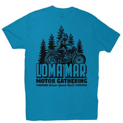 Short sleeve t-shirt with original "Loma Mar Motor Gathering" scrambler motorcycle design on chest in black